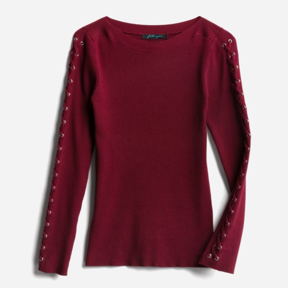NWOT! Faith and Zoe Nahara Burgundy Fitted Boat Neck Lace Up Sleeve Pullover